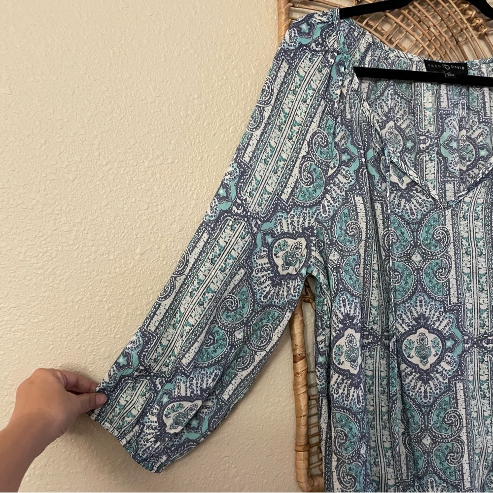 Fred David Boho Peasant Blouse Top Tunic Blue Flowy Beachy Coastal 90s Sz L B18 - Picture 4 of 10